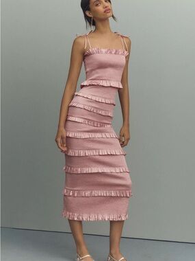 V. Chapman Lily Ruched & Ruffled Stretch Satin Midi Dress - Rose Dust